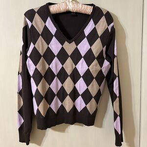 V-Neck Brown Argyle Women’s Sweater